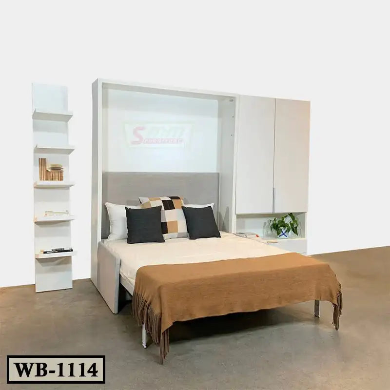 Modern Murphy wall bed with storage shelves and cabinets, neatly styled bedding.