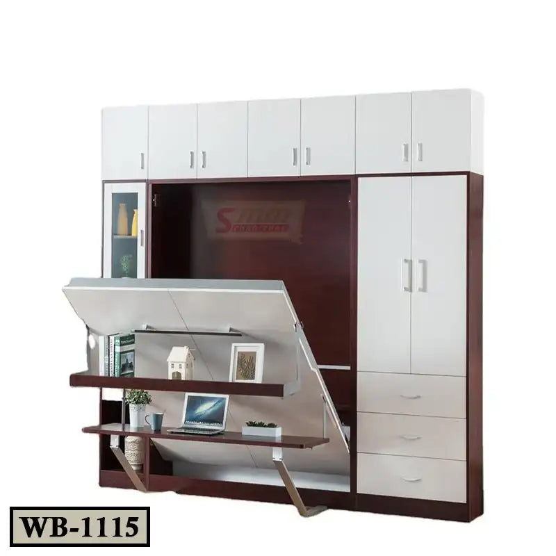 Modern Murphy wall bed with white cabinets, fold-down desk, and built-in shelving unit