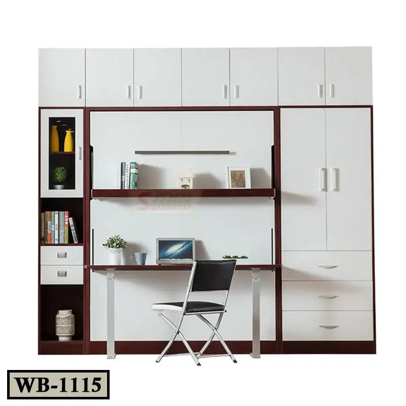 Modern Murphy wall bed with integrated desk, cabinets, shelves, and office chair