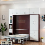 Modern murphy wall bed with shelving, storage cabinets, and fold-down bed frame in a bright room