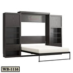 Modern Murphy wall bed with side shelving units and a fold-down white mattress, model WB-1116.