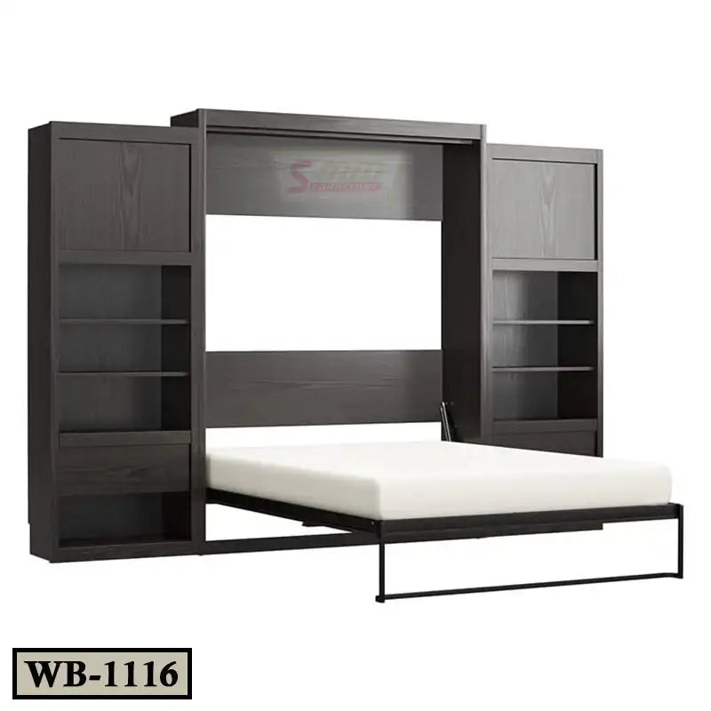 Modern Murphy wall bed with side shelving units and a fold-down white mattress, model WB-1116.
