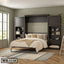 Modern dark wood Murphy wall bed with shelving, beige bedding, and neutral decor in a bright bedroom