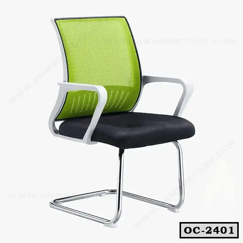 Modern office chair with green mesh back, black cushioned seat, white arms, and chrome frame