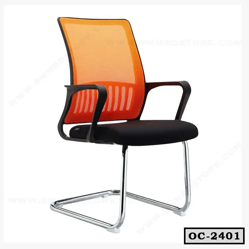 Modern office chair with orange mesh back, black cushion seat, and chrome cantilever base