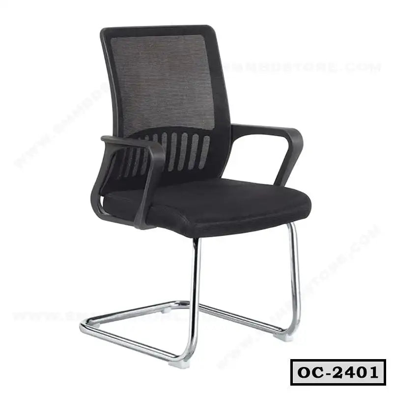 Black ergonomic office chair with mesh back and chrome cantilever frame