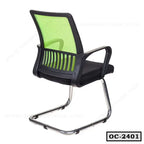 Modern office chair with green mesh back, black seat, and chrome cantilever base