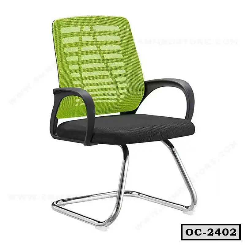 Modern office chair with green mesh back, black seat, armrests, and chrome legs Main image