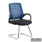 Modern office chair with blue mesh back, black cushioned seat, and chrome legs
