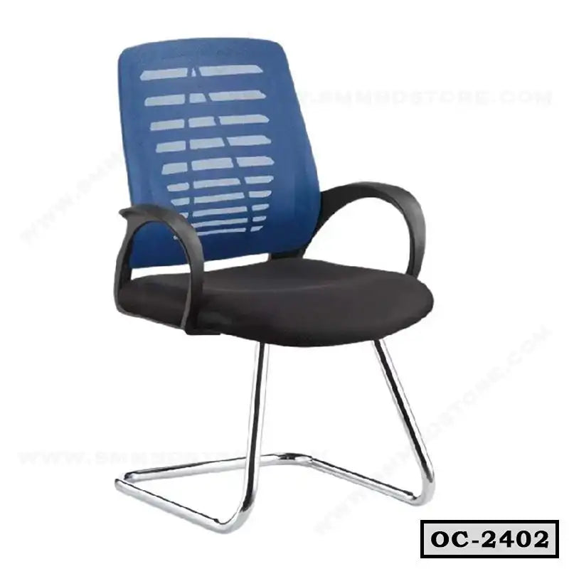 Modern office chair with blue mesh back, black cushioned seat, and chrome legs