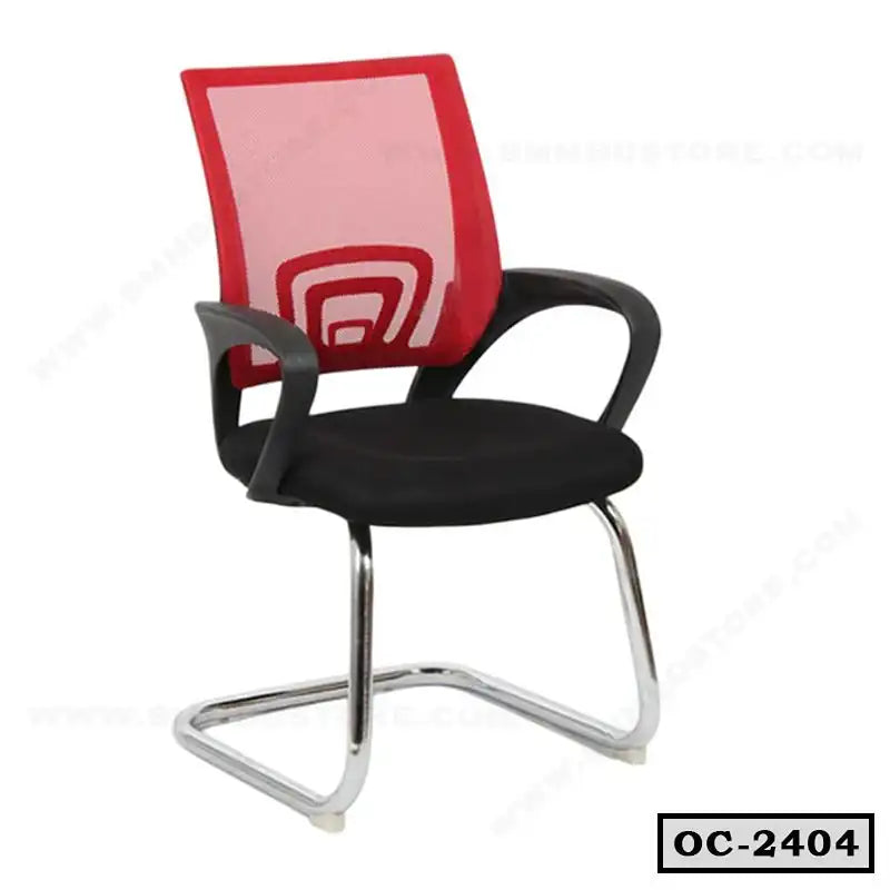 Modern office chair with red mesh back, black seat, and chrome legs, ergonomic design Main image