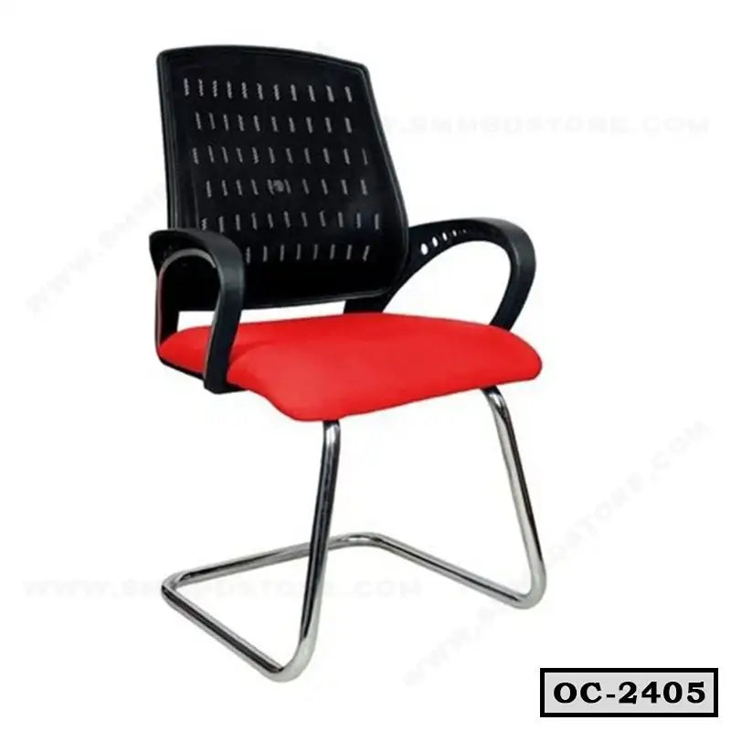 Modern office chair with black mesh back, red cushioned seat, and chrome cantilever base