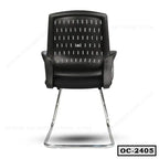 Black ergonomic office chair with armrests and chrome cantilever frame, front view