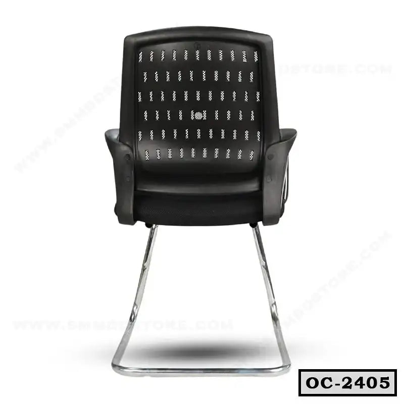 Black ergonomic office chair with armrests and chrome cantilever frame, front view