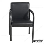 Black leather office chair with metal frame and armrests, modern executive seating