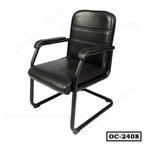 Black leather office chair with padded armrests and metal frame, model OC-2408