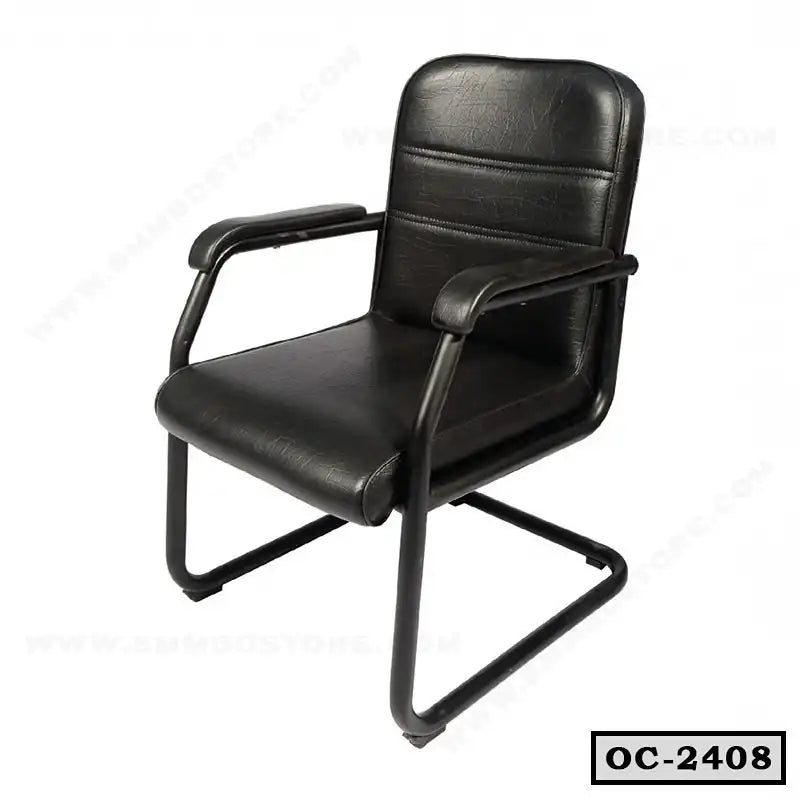 Black leather office chair with padded armrests and metal frame, model OC-2408