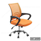 Ergonomic orange mesh office chair with armrests and adjustable swivel base on wheels