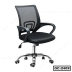 Black ergonomic mesh office chair with adjustable height and rolling wheels, OC-2409 model