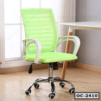 Modern green mesh office chair with wheels and white armrests in a bright workspace