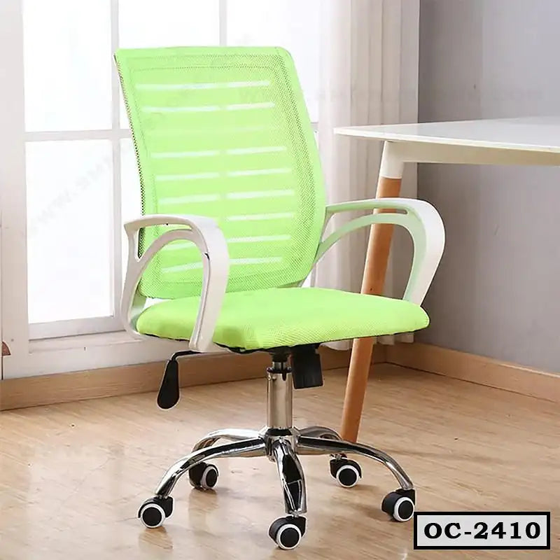 Modern green mesh office chair with wheels and white armrests in a bright workspace