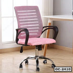 Pink mesh office chair with wheels and adjustable height in modern workspace