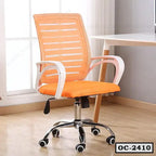 Modern orange mesh office chair with white armrests and wheels next to a desk