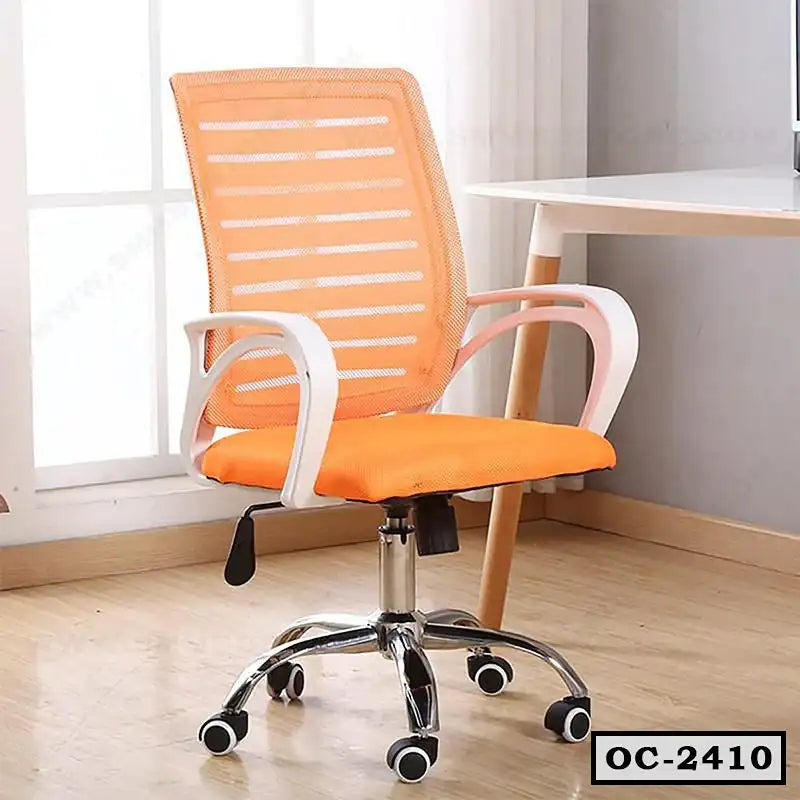 Modern orange mesh office chair with white armrests and wheels next to a desk