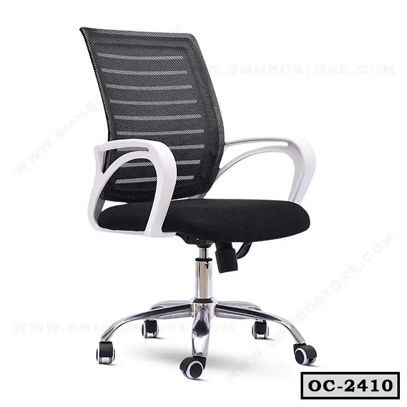 Black mesh ergonomic office chair with white armrests and chrome base, model OC-2410