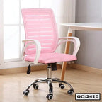 Pink mesh ergonomic office chair with white armrests and caster wheels by a desk
