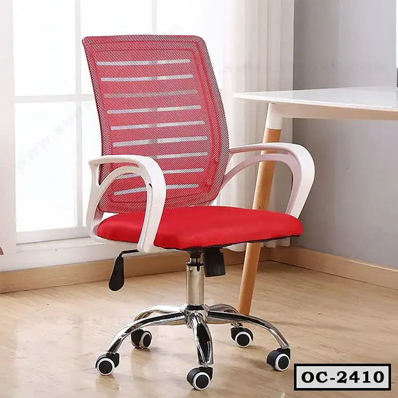 Red mesh ergonomic office chair with white armrests on wheels in modern workspace