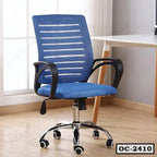 Blue ergonomic office chair with mesh backrest and wheels in a modern workspace