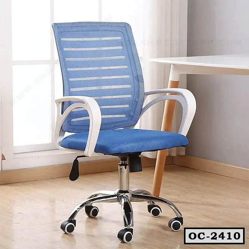 Blue mesh ergonomic office chair with white armrests and wheels beside a white desk