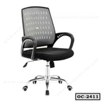 Ergonomic black mesh office chair with armrests and chrome base on casters