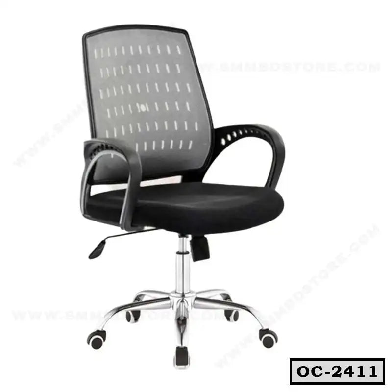 Ergonomic black mesh office chair with armrests and chrome base on casters