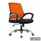 Modern ergonomic office chair with orange mesh back, black cushioned seat, and wheels