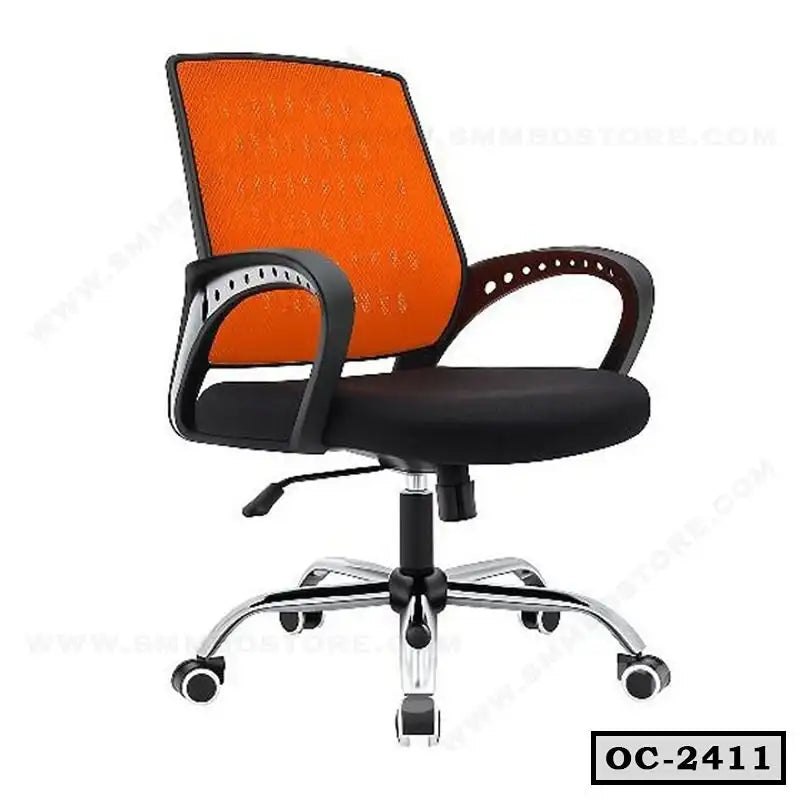 Modern ergonomic office chair with orange mesh back, black cushioned seat, and wheels