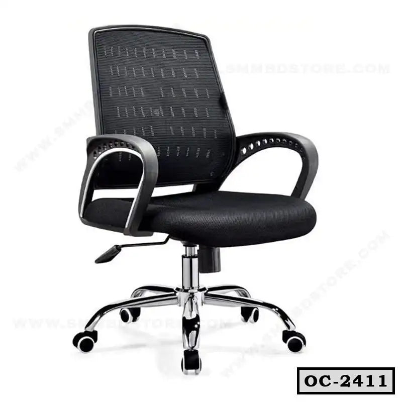 Black ergonomic office chair with mesh back, cushioned seat, armrests, and swivel wheels