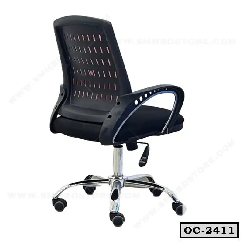 Ergonomic black office chair with mesh back, armrests, and wheeled chrome base
