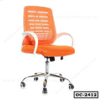 Modern orange mesh office chair with white armrests and chrome base on wheels