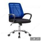 Modern ergonomic office chair with blue mesh back, black seat, armrests, and chrome base on wheels