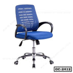 Ergonomic blue mesh office chair with armrests and swivel wheels on chrome base