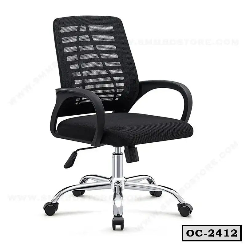 Ergonomic black mesh office chair with armrests and adjustable height on chrome base