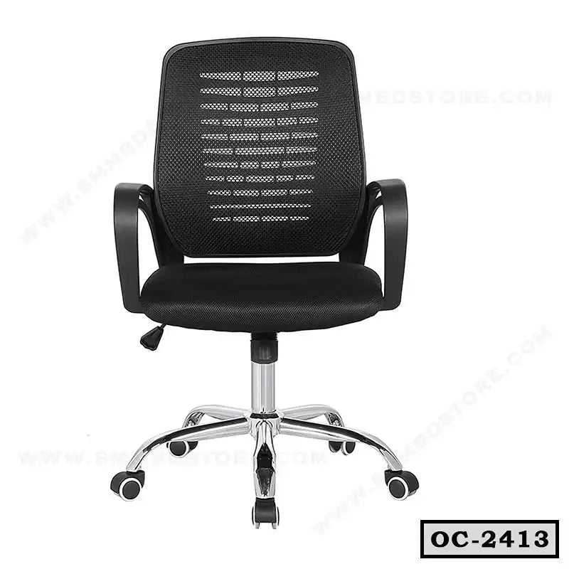 Black ergonomic mesh office chair with armrests and chrome base, model OC-2413
