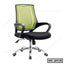Ergonomic office chair with green mesh backrest, black seat, armrests, and chrome base on wheels