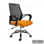 Ergonomic office chair with orange seat, mesh backrest, armrests, and chrome base on wheels