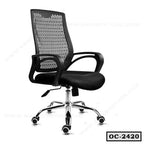 Ergonomic black mesh office chair with armrests and chrome base on wheels