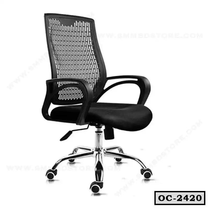 Ergonomic black mesh office chair with armrests and chrome base on wheels