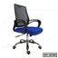 Ergonomic office chair with blue cushioned seat, mesh backrest, and adjustable armrests