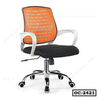 Modern office chair with orange mesh back, black cushioned seat, and white armrests